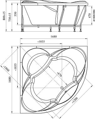Ванна акриловая RADOMIR Филадельфия 1-01-4-0-1-042К 168х168см угловая
