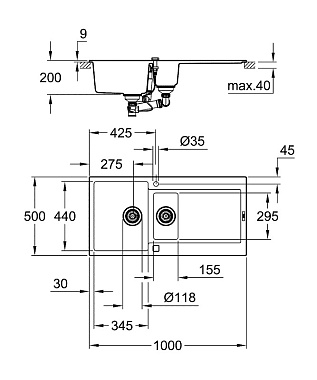 Мойка кухонная GROHE K500 31646AT0 100х50см серый