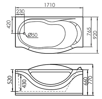 Ванна акриловая Gemy G9072 K L 171х92см пристенная