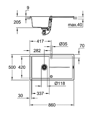 Мойка кухонная GROHE K400 31640AP0 86х50см чёрный гранит