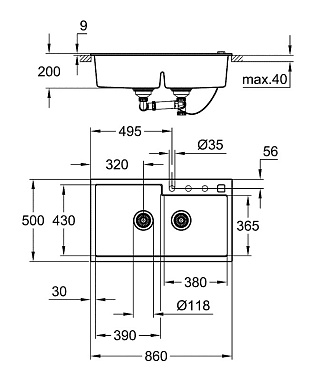 Мойка кухонная GROHE K500 31649AT0 86х50см серый