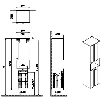 Пенал подвесной VITRA Root Groove 69100 36х42х155см матовый белый