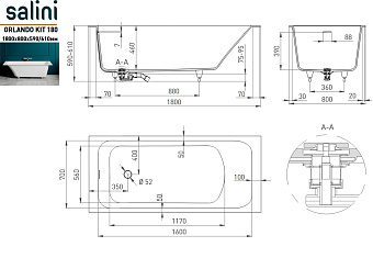 Ванна каменная SALINI ORLANDO 102122MRF S-Stone матовая 180х80см встраиваемая