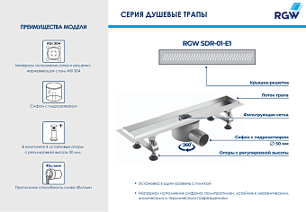 Душевой лоток RGW 21210110-01 SDR-01-E1 100х9см горизонтальный сток с решёткой и опорами