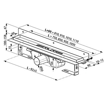 Душевой лоток RAVAK X01631 101х9см горизонтальный сток с решёткой и опорами
