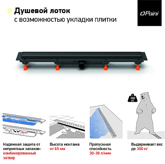 Душевой лоток Paini CH850KC 85х85см горизонтальный сток с решёткой под плитку и опорами
