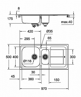 Мойка кухонная GROHE K300 31564SD0 97х50см хром