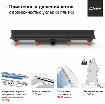 Душевой лоток Paini CH750KC2 75х75см горизонтальный сток с решёткой под плитку и опорами