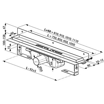 Душевой лоток RAVAK X01633 111х9см горизонтальный сток с решёткой и опорами